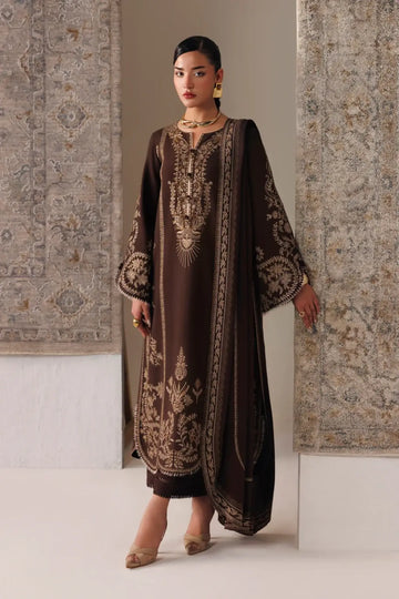 Qalamkar Shaheen QLW-04 chocolate brown embroidered linen stitched 3 piece suit with linen shawl