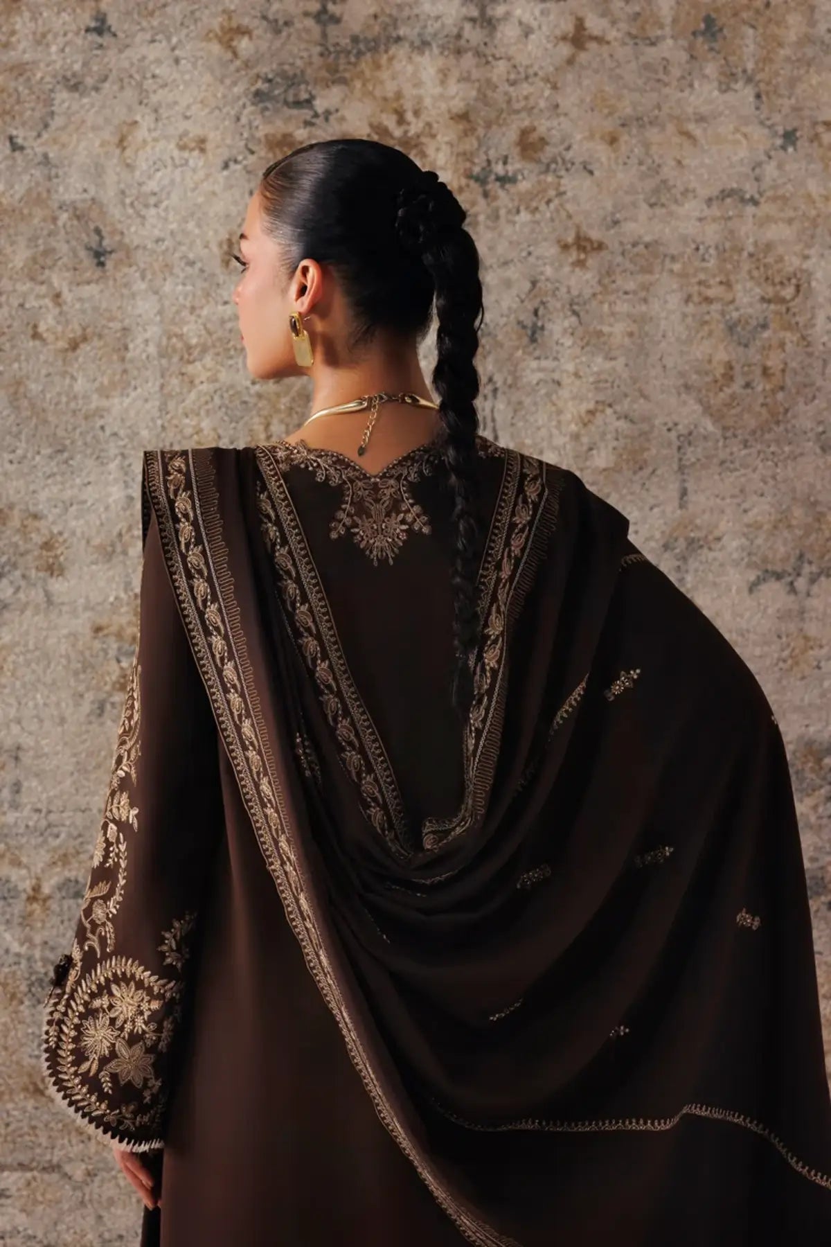 Qalamkar Shaheen QLW-04 chocolate brown embroidered linen stitched 3 piece suit with linen shawl