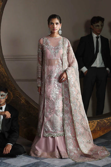 Shahmeena pastel pink organza embroidered dress with dupatta and silk trousers by Akbar Aslam, ideal for engagement parties and festive occasions.