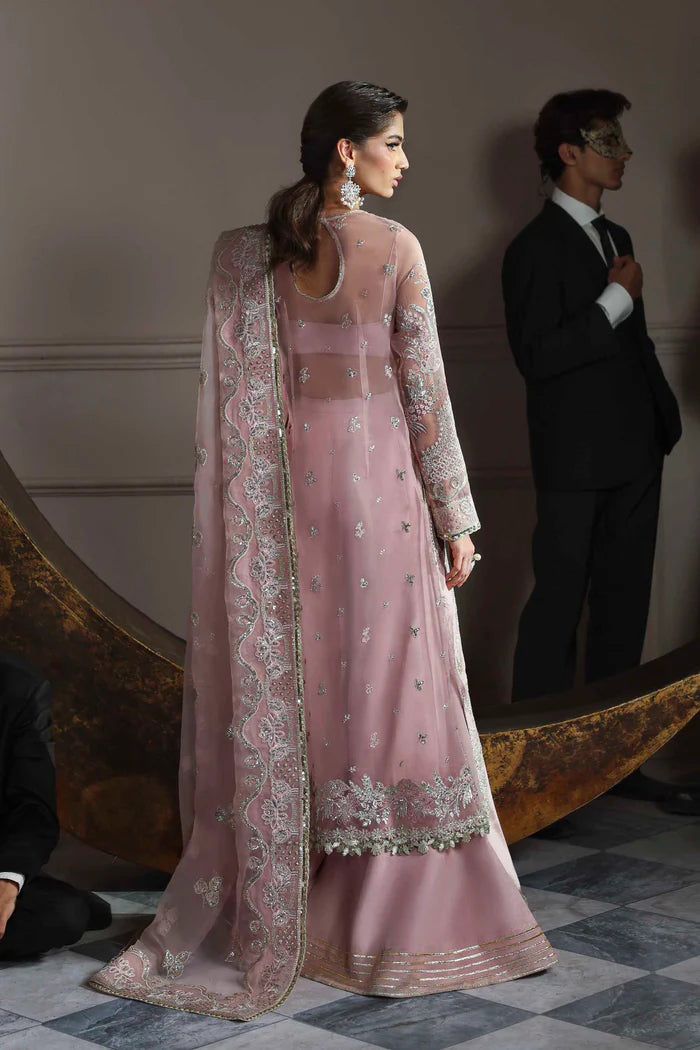 Shahmeena pastel pink organza embroidered dress with dupatta and silk trousers by Akbar Aslam, ideal for engagement parties and festive occasions.