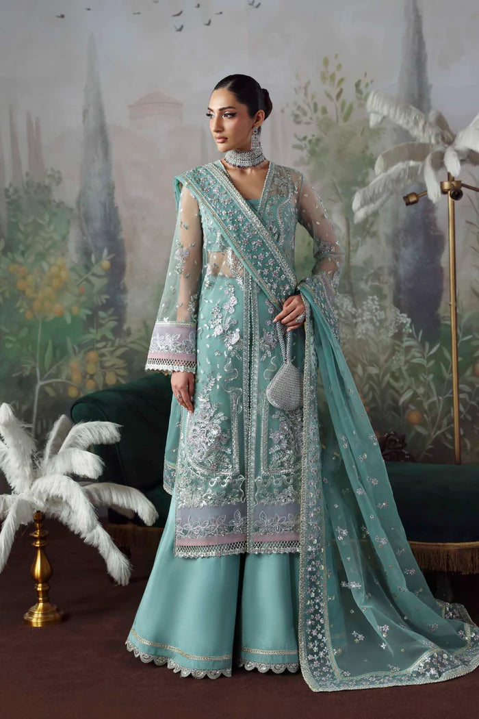 Shahnaz aqua blue net embroidered long shirt with silk trousers and dupatta