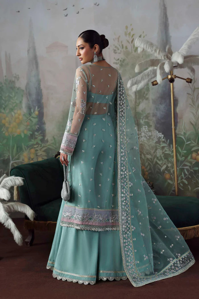 Shahnaz aqua blue net embroidered long shirt with silk trousers and dupatta
