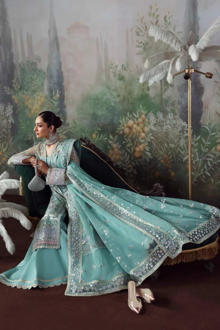 Shahnaz aqua blue net embroidered long shirt with silk trousers and dupatta
