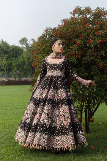 Shahnoor Hussain Rehar black raw silk stitched wedding Peshwas with fuchsia churidar and embroidered organza dupatta