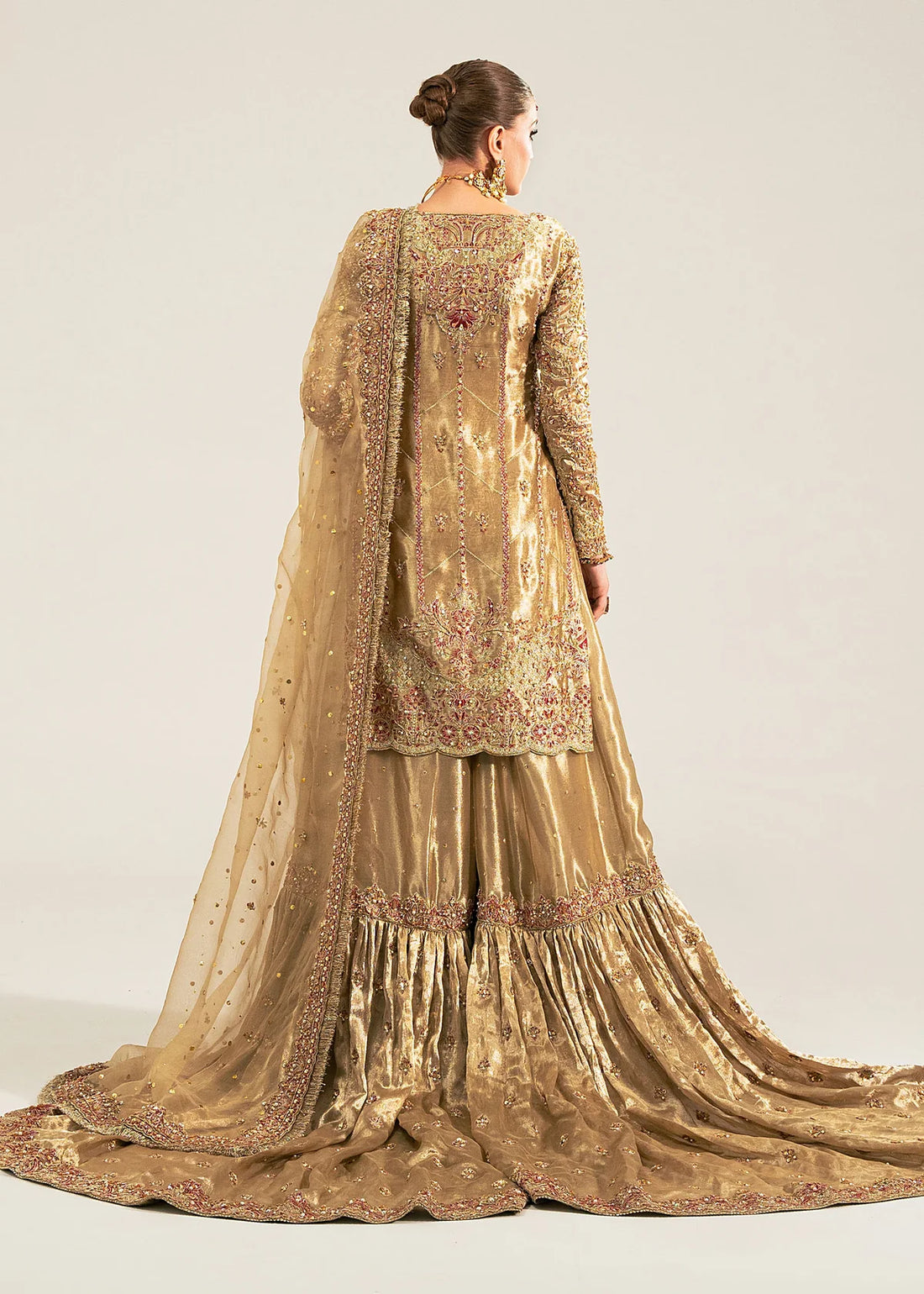 Gold stitched bridal gharara outfit by Kanwal Malik featuring pearl and sequin work with a mukesh dupatta—perfect for brides on their special day.
