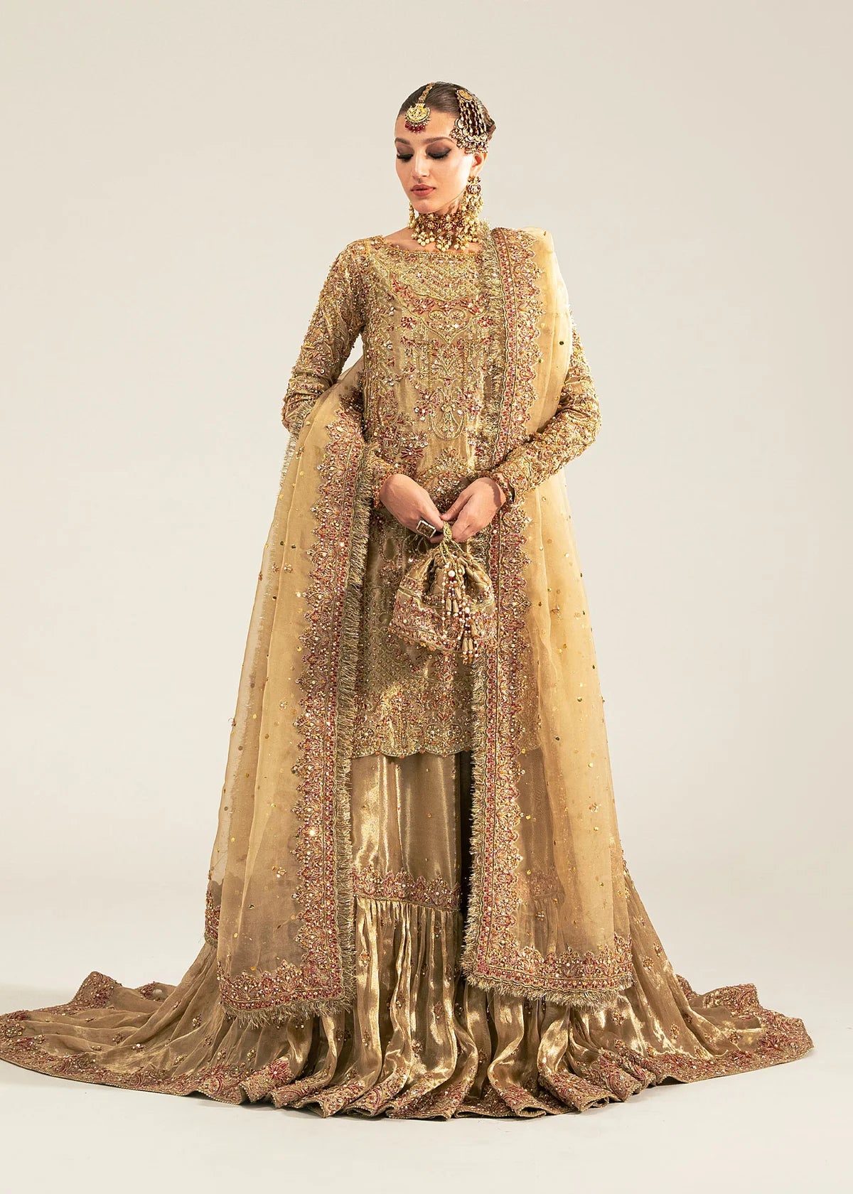 Gold stitched bridal gharara outfit by Kanwal Malik featuring pearl and sequin work with a mukesh dupatta—perfect for brides on their special day.