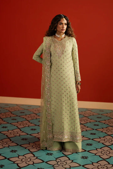 Shahwar Afrozeh pastel green raw silk Pakistani formal wear DIVANI 2025 stitched outfit Pakistanimoda.