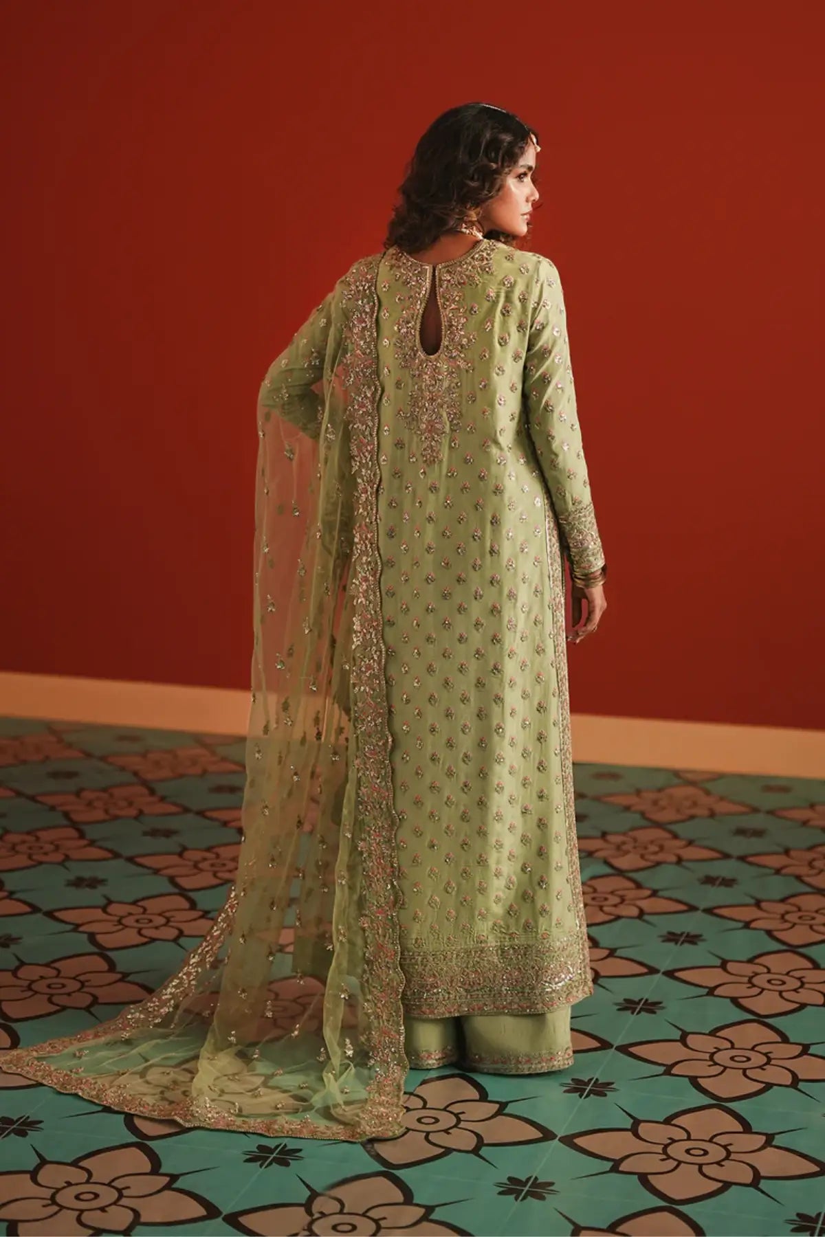 Shahwar Afrozeh pastel green raw silk Pakistani formal wear DIVANI 2025 stitched outfit Pakistanimoda.