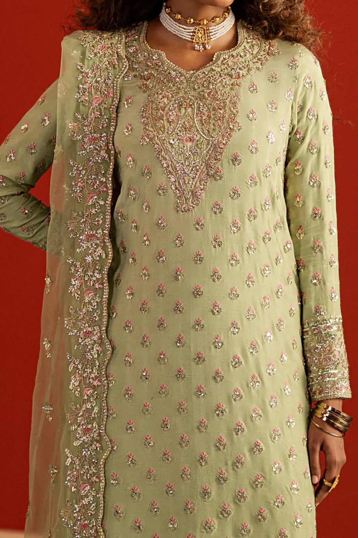 Shahwar Afrozeh pastel green raw silk Pakistani formal wear DIVANI 2025 stitched outfit Pakistanimoda.