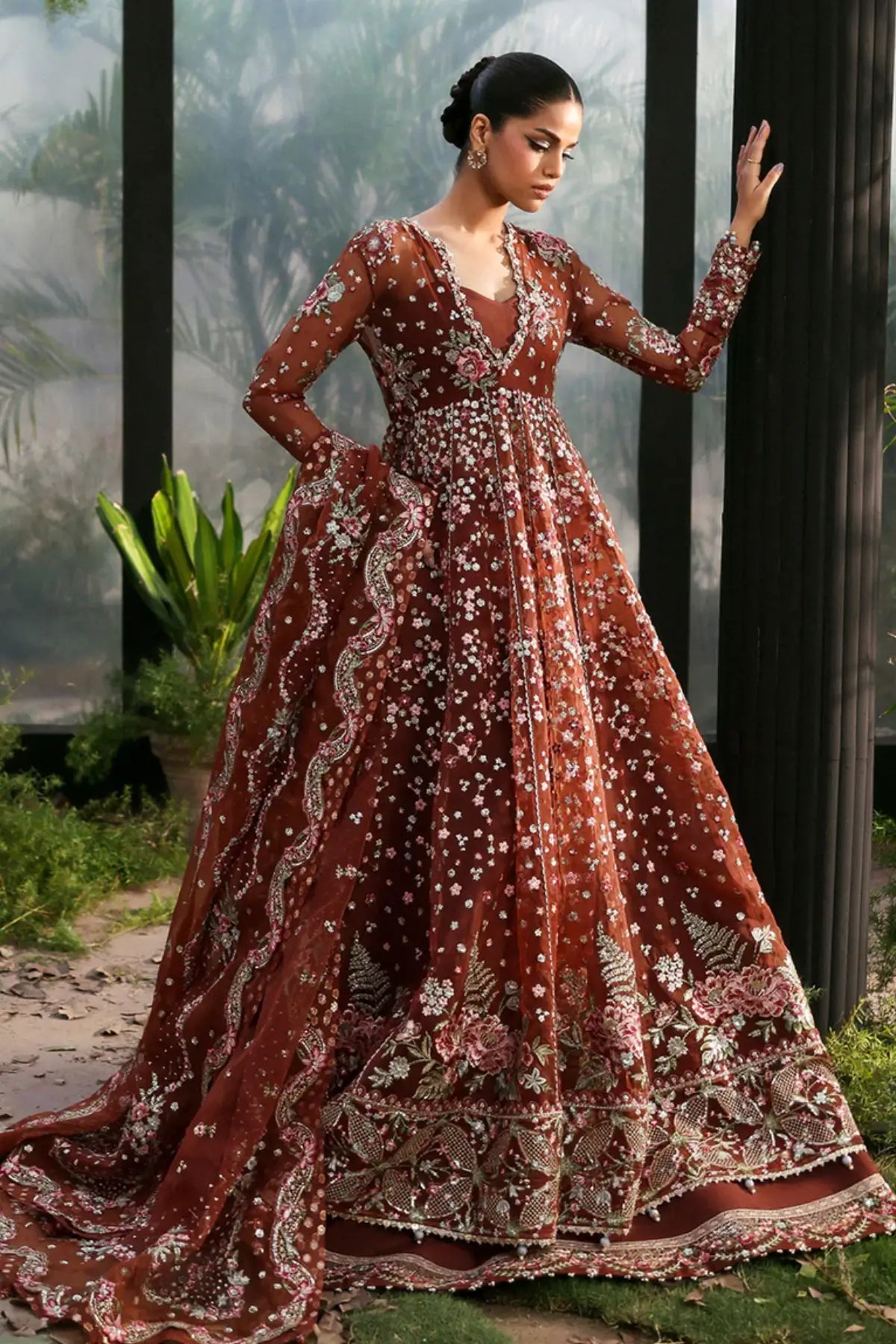 Shale Afrozeh rust organza traditional pishwas suit with heavy embroidery available at Pakistanimoda.