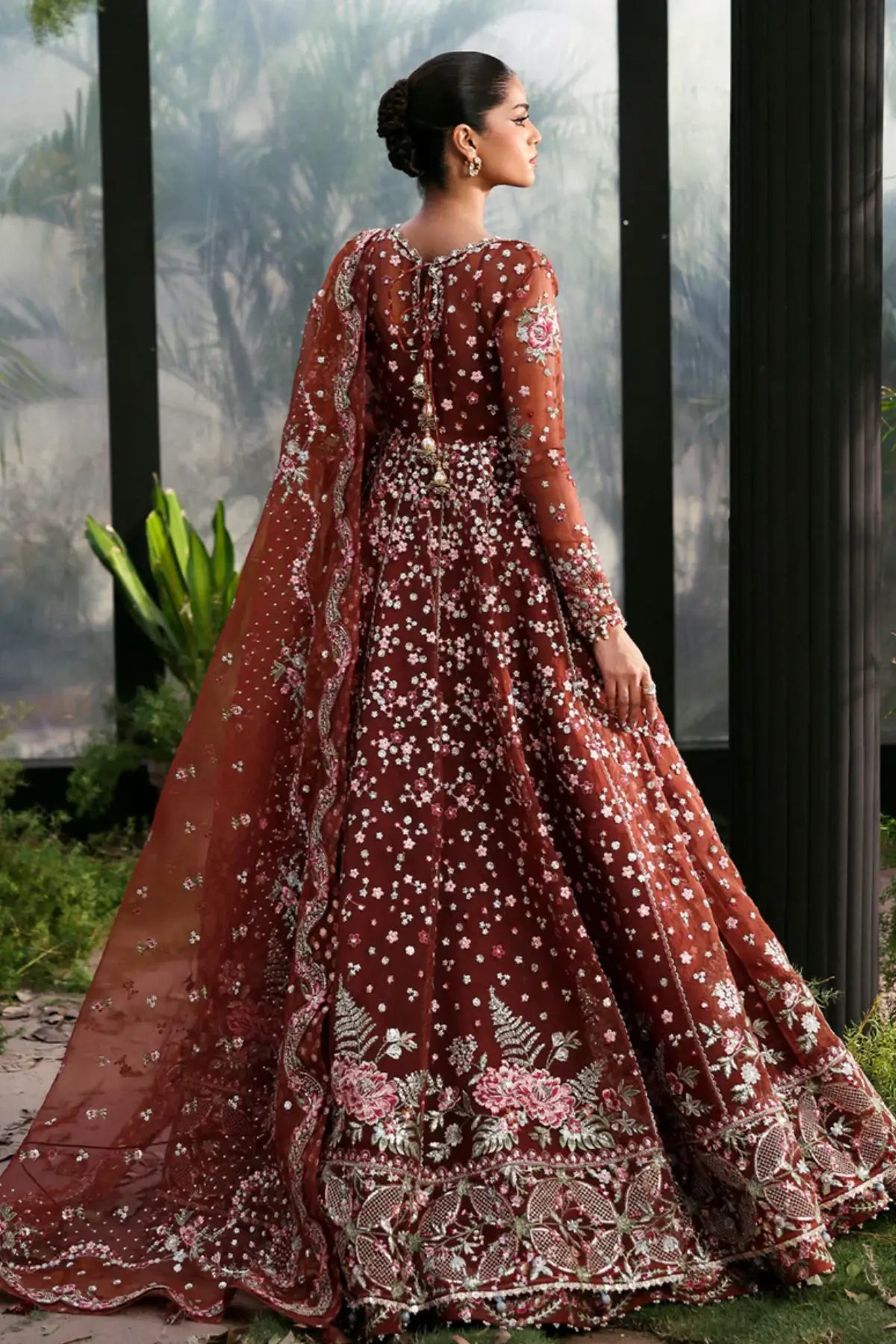 Shale Afrozeh rust organza traditional pishwas suit with heavy embroidery available at Pakistanimoda.