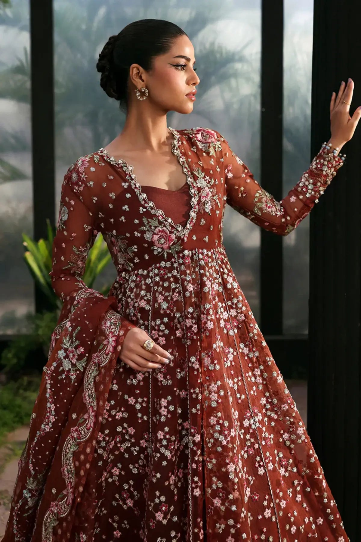 Shale Afrozeh rust organza traditional pishwas suit with heavy embroidery available at Pakistanimoda.