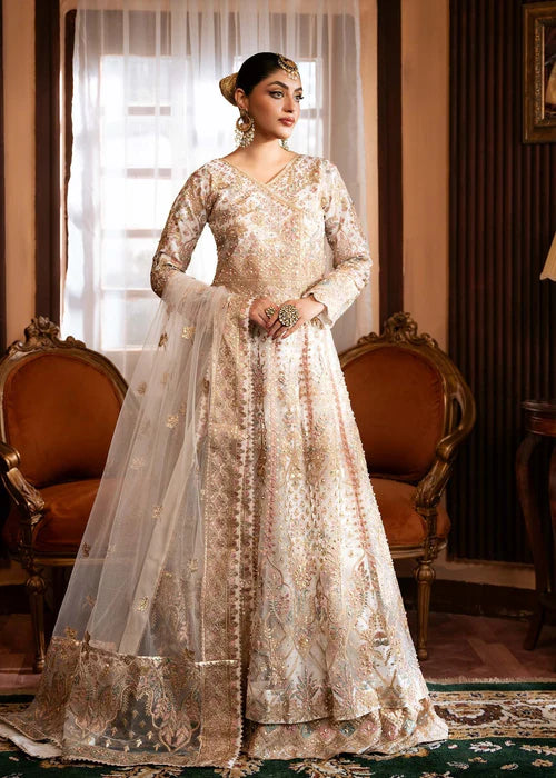 Shama- Pakistani White Long Pishwas & Lehenga Ensemble for Parties