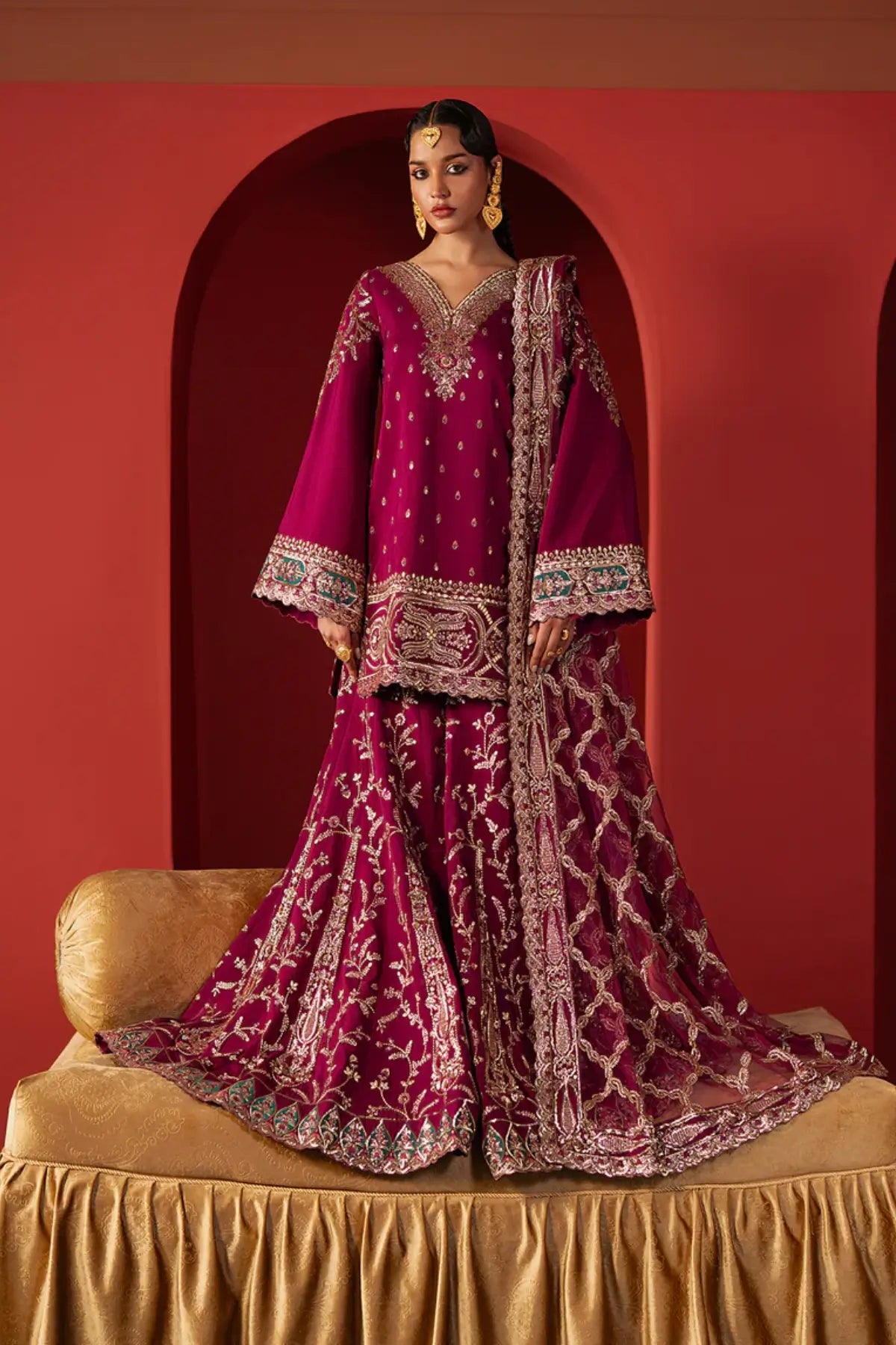 Shamal Afrozeh magenta raw silk sharara DIVANI 2025 Pakistani formal wear stitched Pakistanimoda.