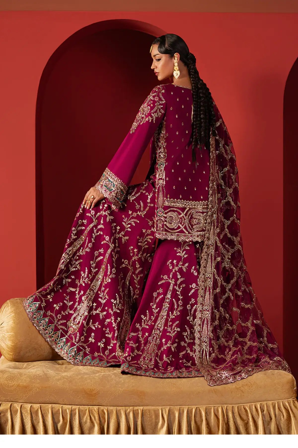 Shamal Afrozeh magenta raw silk sharara DIVANI 2025 Pakistani formal wear stitched Pakistanimoda.