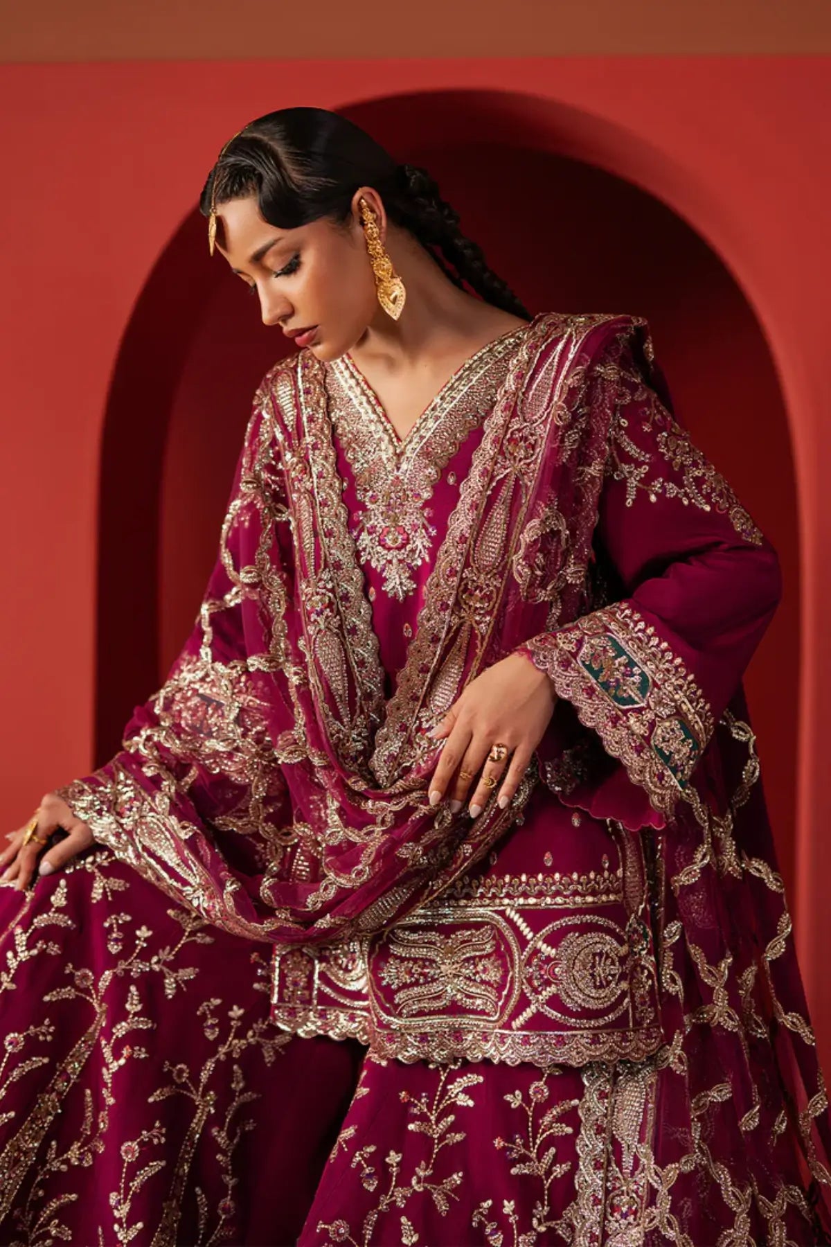 Shamal Afrozeh magenta raw silk sharara DIVANI 2025 Pakistani formal wear stitched Pakistanimoda.