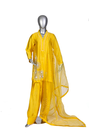 Shamsa yellow silk outfit with sheesha work, farshi shalwar, and organza dupatta for evening parties, formal events, and festive celebrations by MariamRaj