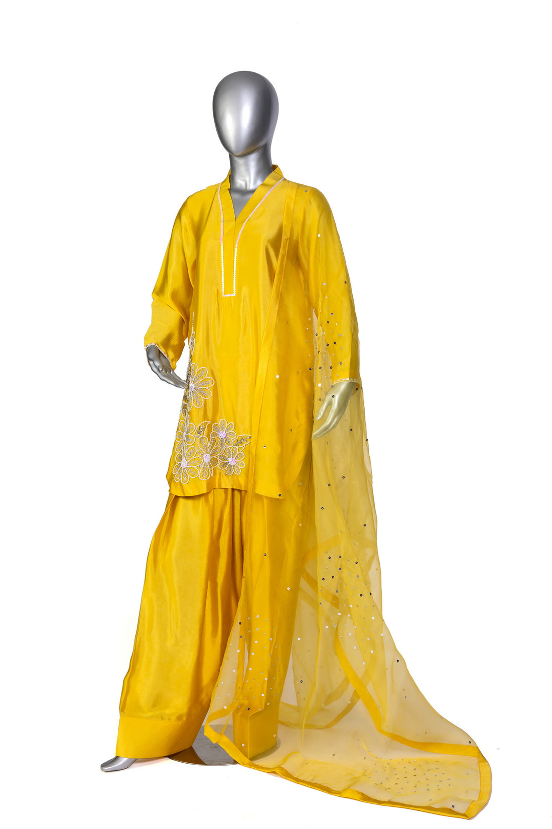 Shamsa yellow silk outfit with sheesha work, farshi shalwar, and organza dupatta for evening parties, formal events, and festive celebrations by MariamRaj