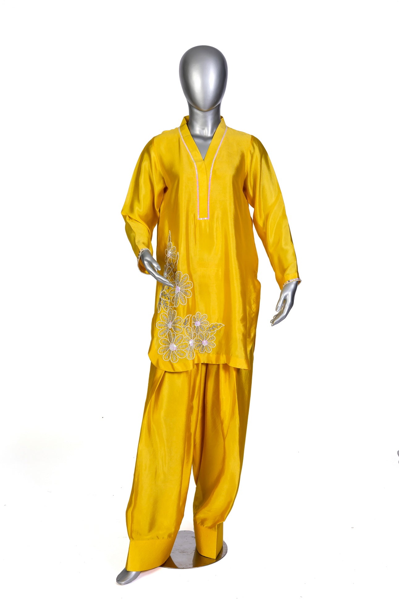  Shamsa yellow silk outfit with sheesha work, farshi shalwar, and organza dupatta for evening parties, formal events, and festive celebrations by MariamRaj