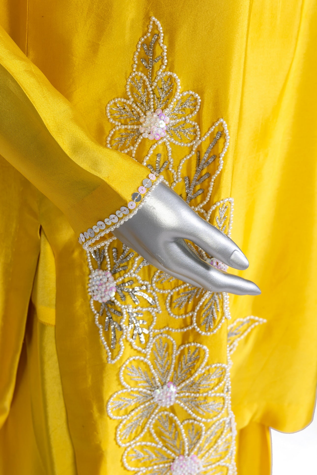 Shamsa yellow silk outfit with sheesha work, farshi shalwar, and organza dupatta for evening parties, formal events, and festive celebrations by MariamRaj