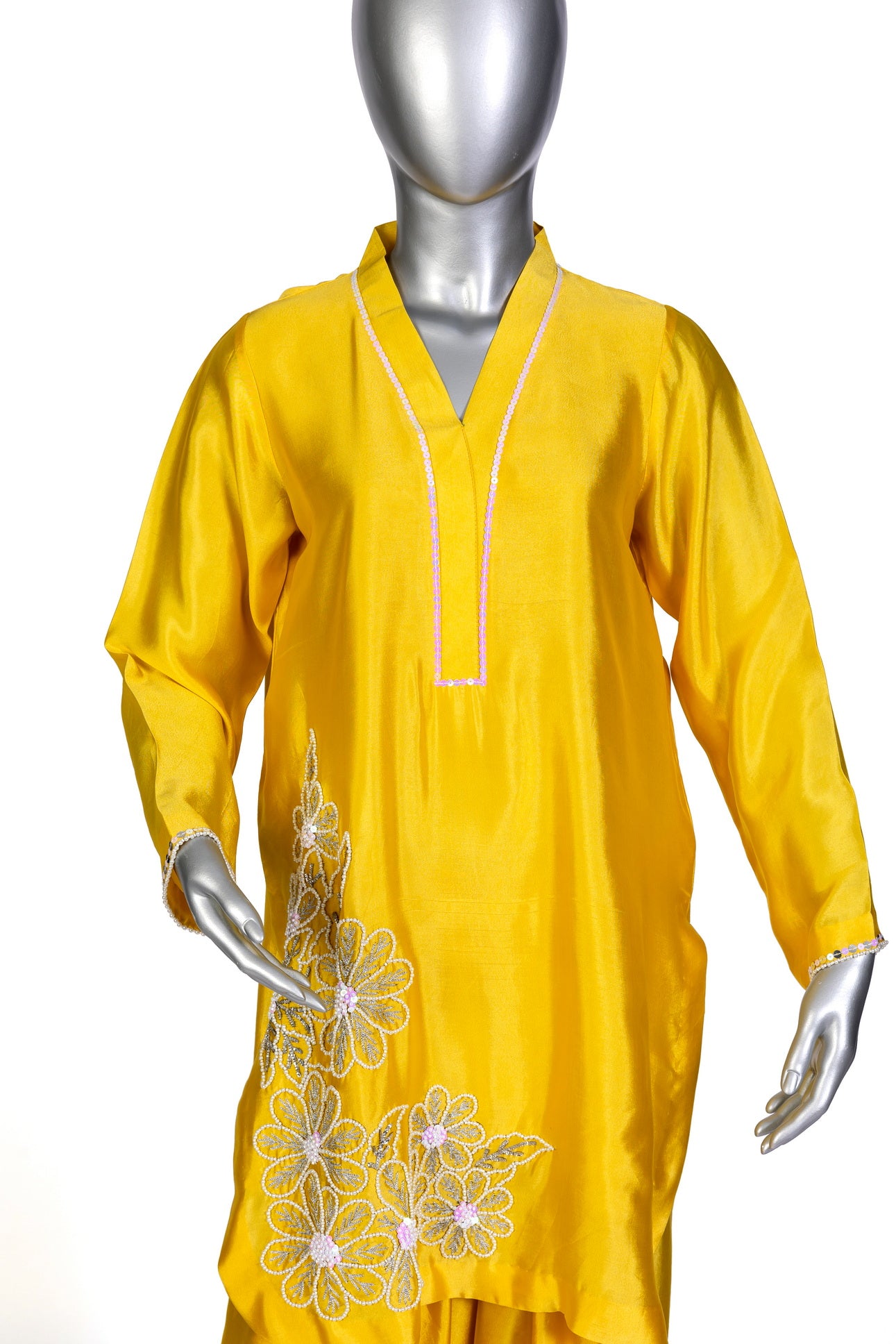 Shamsa yellow silk outfit with sheesha work, farshi shalwar, and organza dupatta for evening parties, formal events, and festive celebrations by MariamRaj
