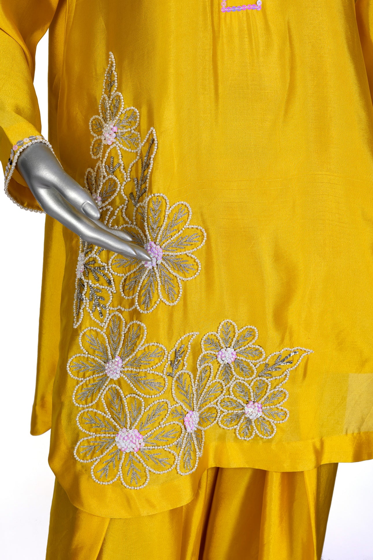 Shamsa yellow silk outfit with sheesha work, farshi shalwar, and organza dupatta for evening parties, formal events, and festive celebrations by MariamRaj