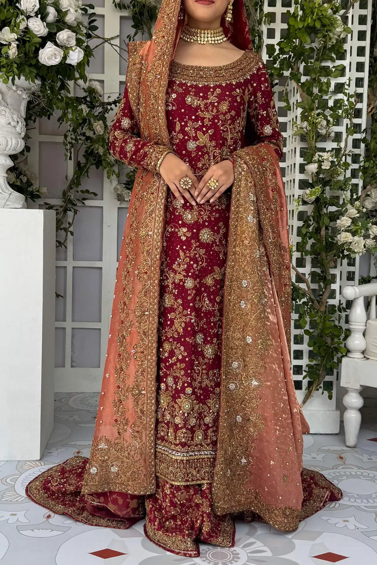 Shanzey reddish maroon Pakistani stitched bridal dress in pure raw silk with dapka kora handwork at Pakistanimoda.