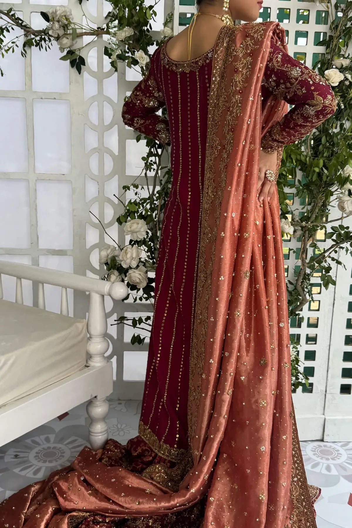 Shanzey reddish maroon Pakistani stitched bridal dress in pure raw silk with dapka kora handwork at Pakistanimoda.