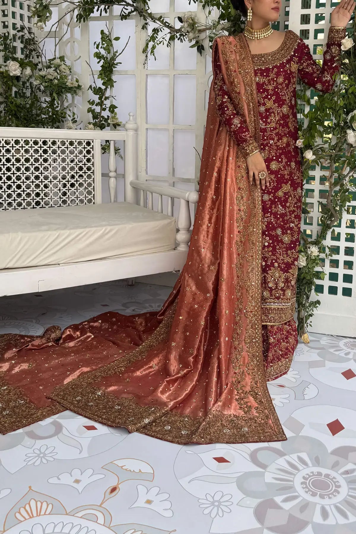 Shanzey reddish maroon Pakistani stitched bridal dress in pure raw silk with dapka kora handwork at Pakistanimoda.