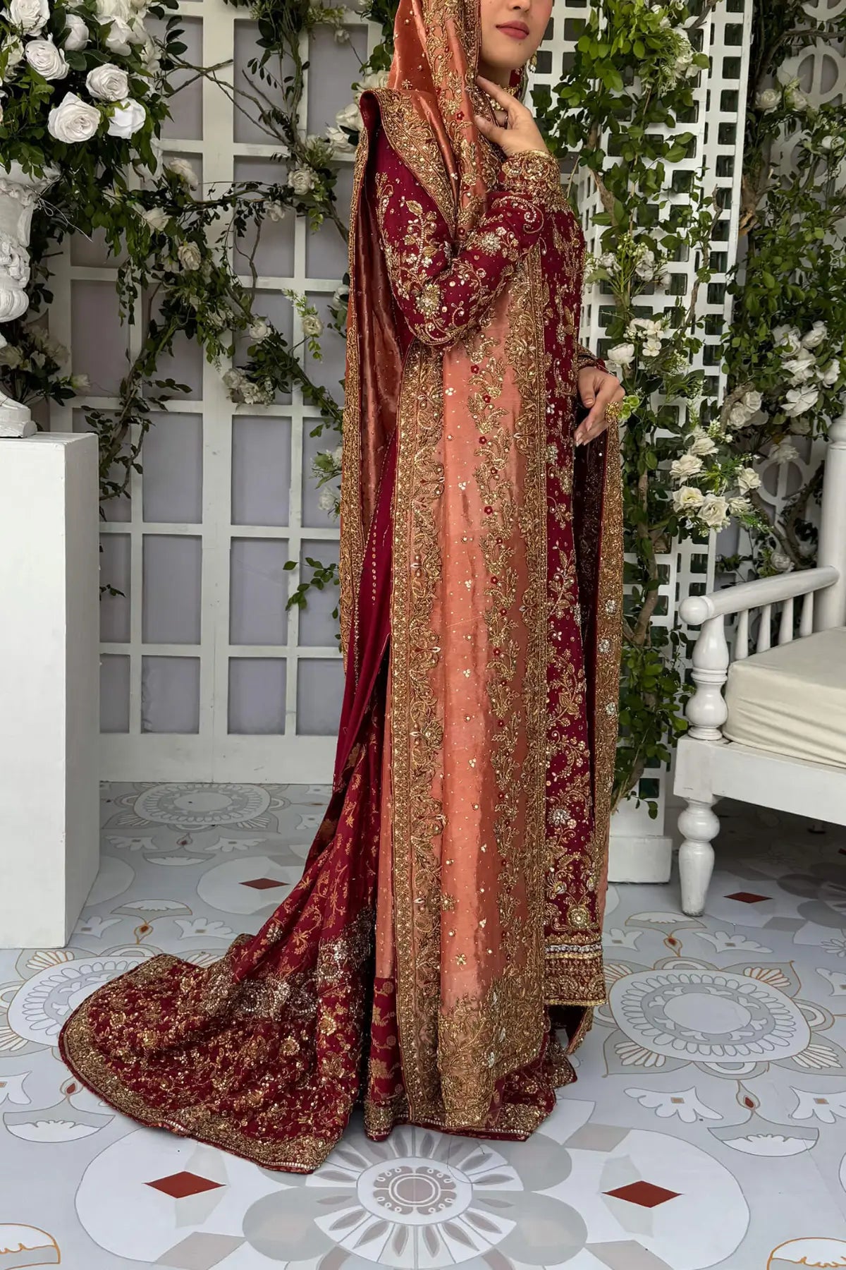 Shanzey reddish maroon Pakistani stitched bridal dress in pure raw silk with dapka kora handwork at Pakistanimoda.