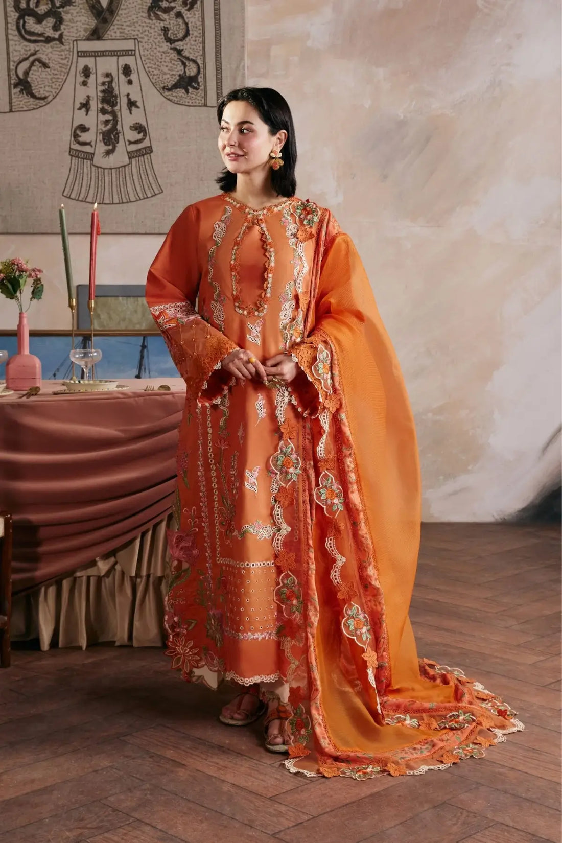 Sharjeena Maryam Hussain Luxury Lawn Burnt Orange 3PC Suit with Embroidered Dupatta