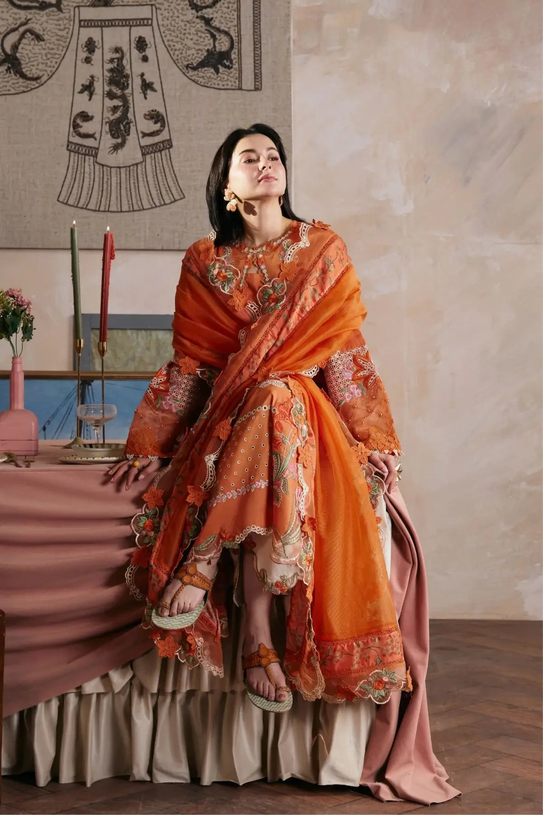 Sharjeena Maryam Hussain Luxury Lawn Burnt Orange 3PC Suit with Embroidered Dupatta