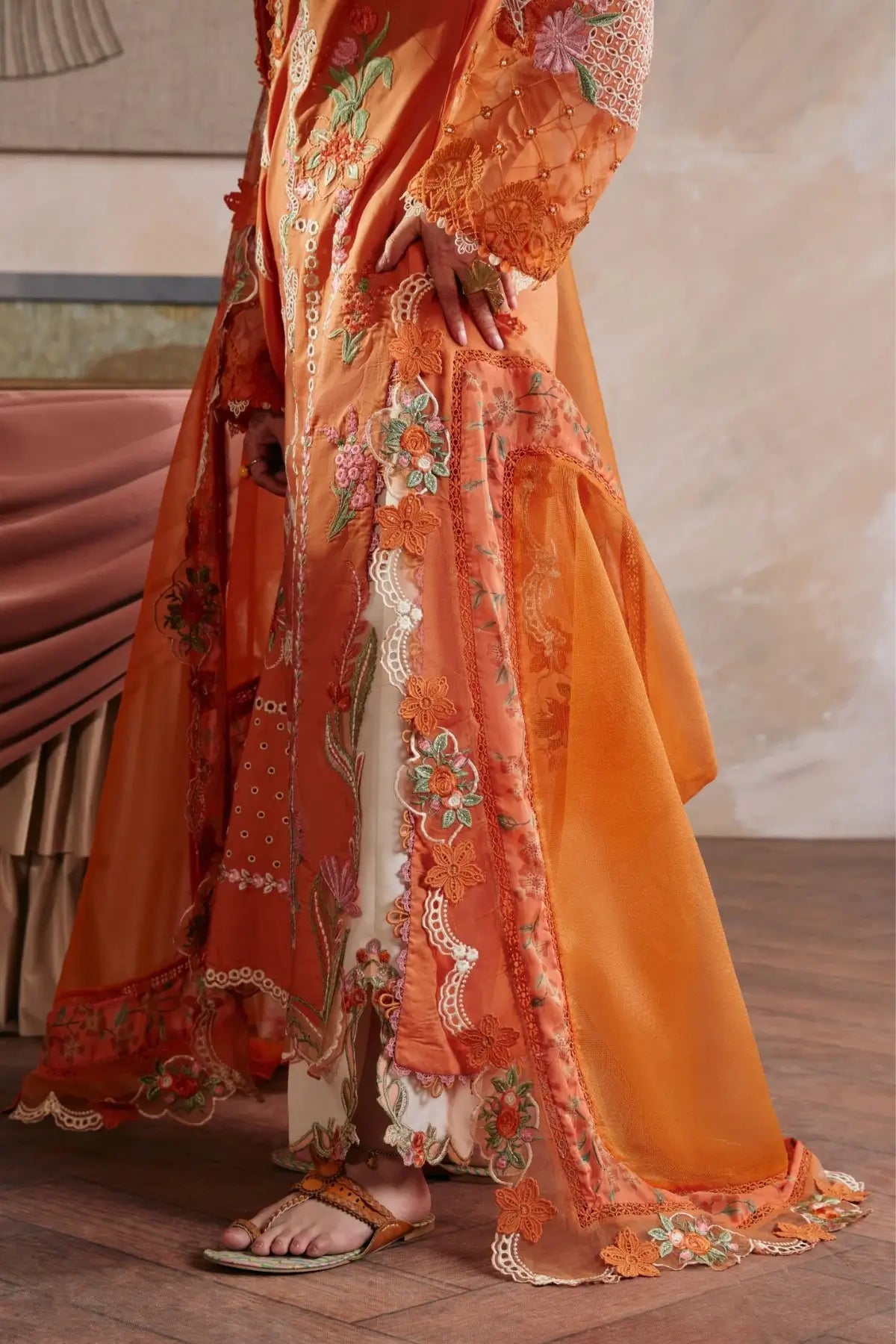 Sharjeena Maryam Hussain Luxury Lawn Burnt Orange 3PC Suit with Embroidered Dupatta