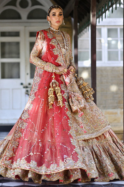 Watermelon pink Pakistani bridal farshi set with Swarovski and traditional handwork, paired with an organza net kamdani dupatta – ideal for brides in USA, UK, and Canada.