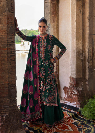 Shayra Green Karandi Stitched Suit with Embroidered Shawl by Hussain Rehar | pakistanimoda.com