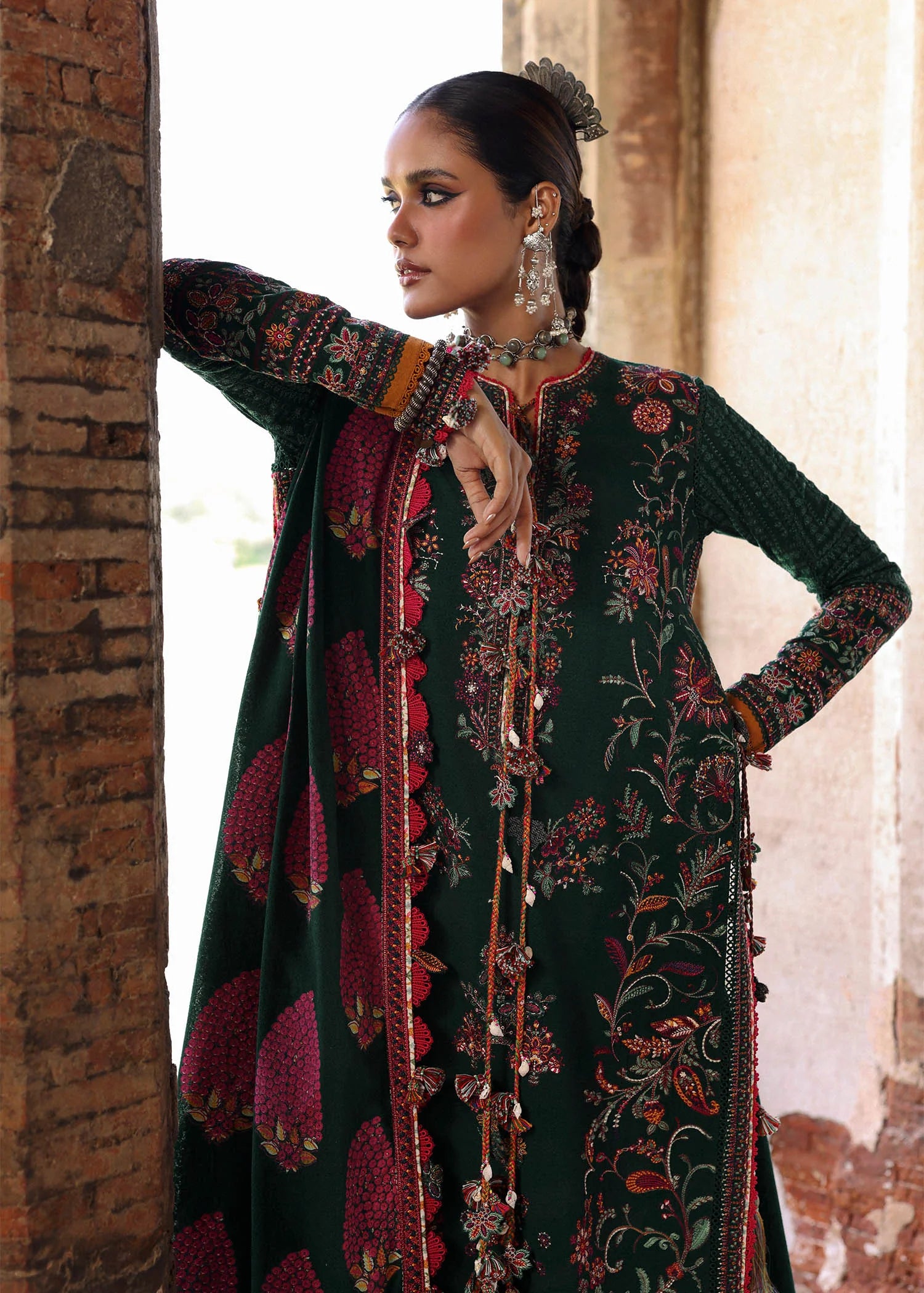 Shayra Green Karandi Stitched Suit with Embroidered Shawl by Hussain Rehar | pakistanimoda.com