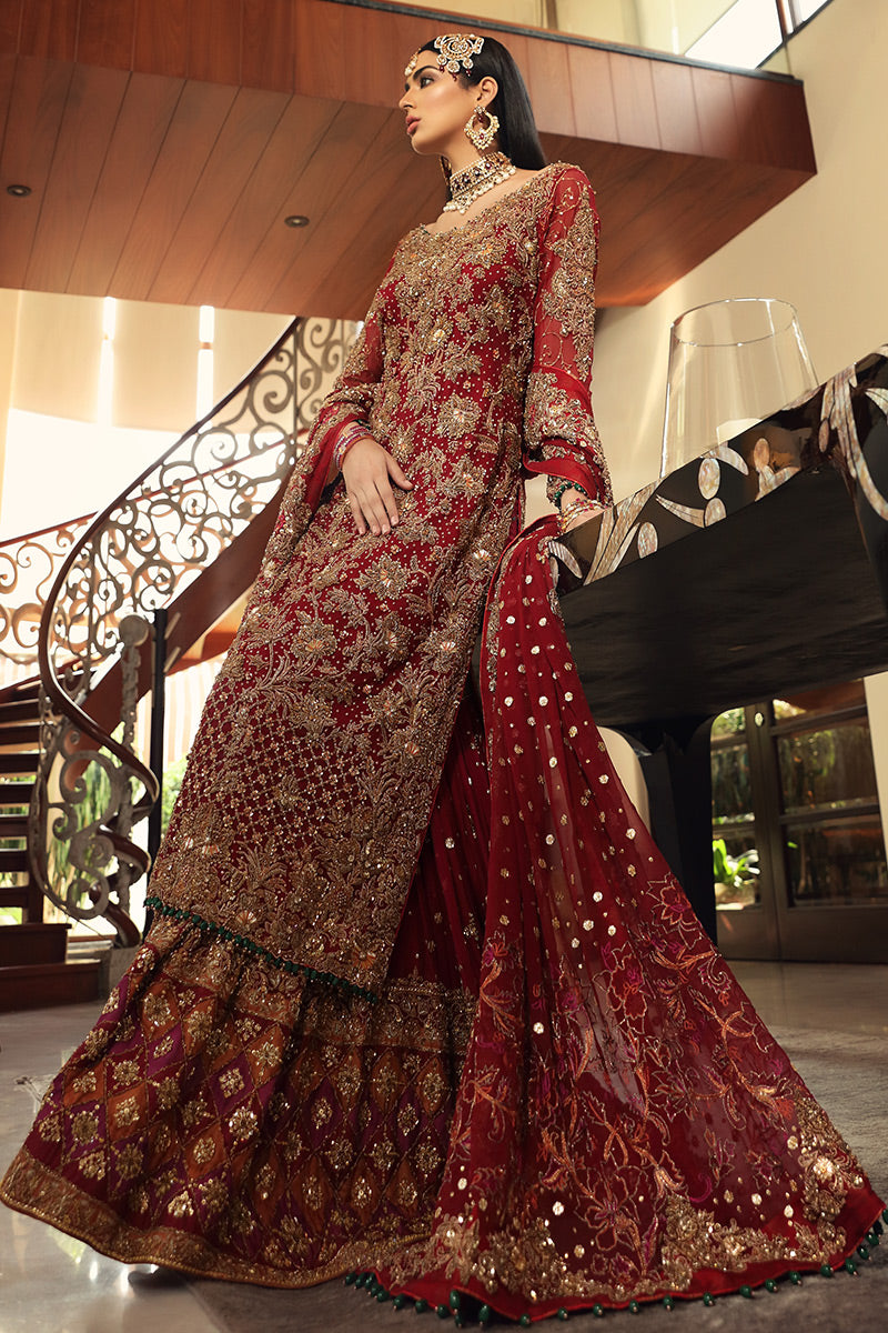 Shazmin-Regal cherry red Gharara set for Pakistani Wedding