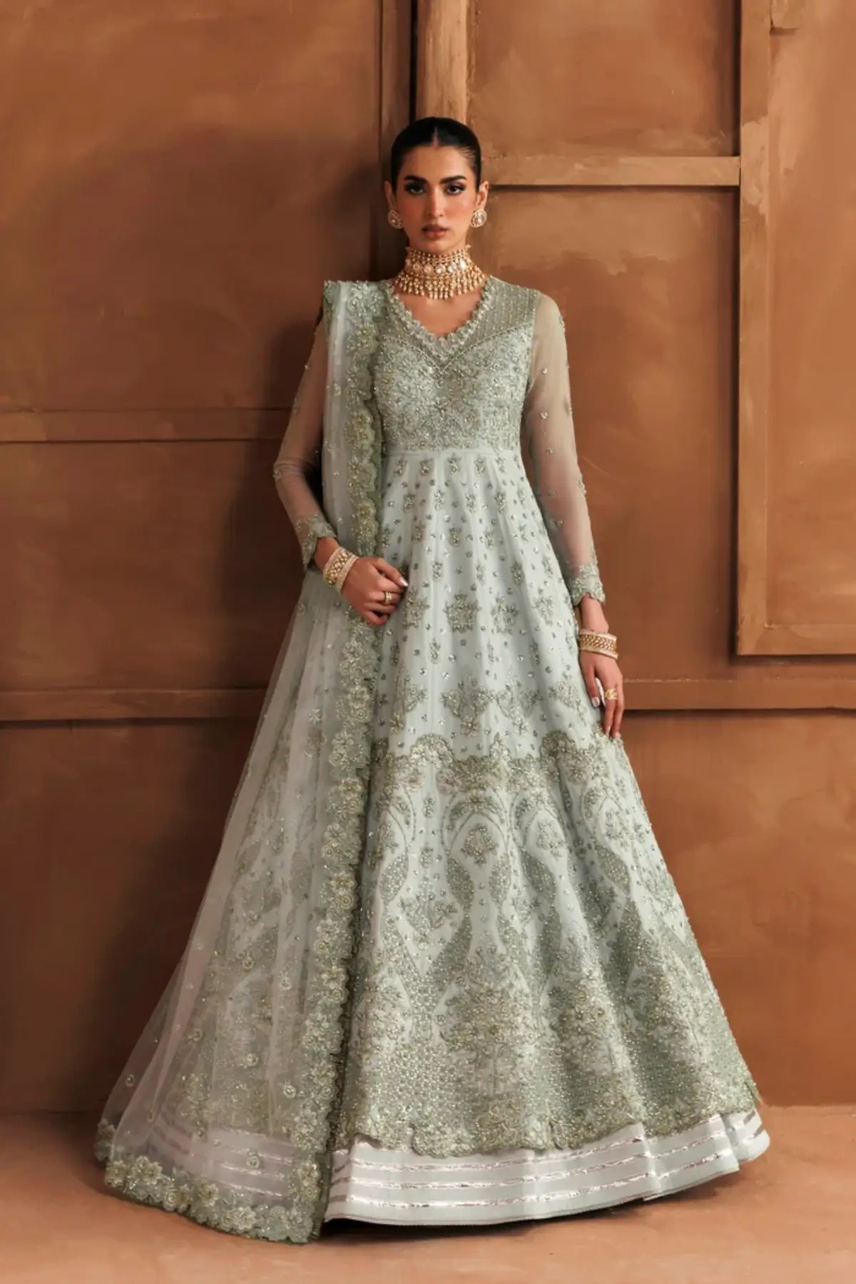 Shehnai mint handworked net Pakistani wedding stitched Anarkali with embellished dupatta from Riwayat Bridal Edit 26