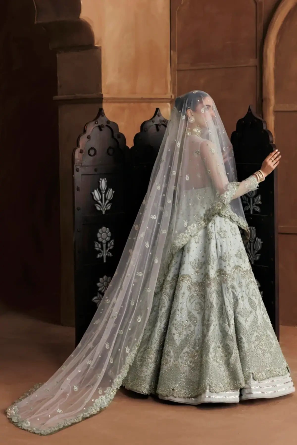 Shehnai mint handworked net Pakistani wedding stitched Anarkali with embellished dupatta from Riwayat Bridal Edit 26