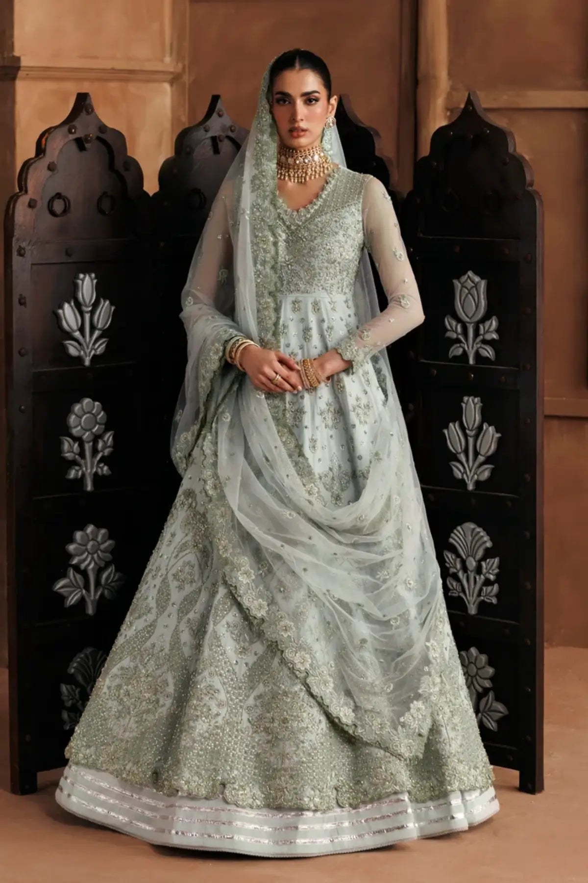 Shehnai mint handworked net Pakistani wedding stitched Anarkali with embellished dupatta from Riwayat Bridal Edit 26