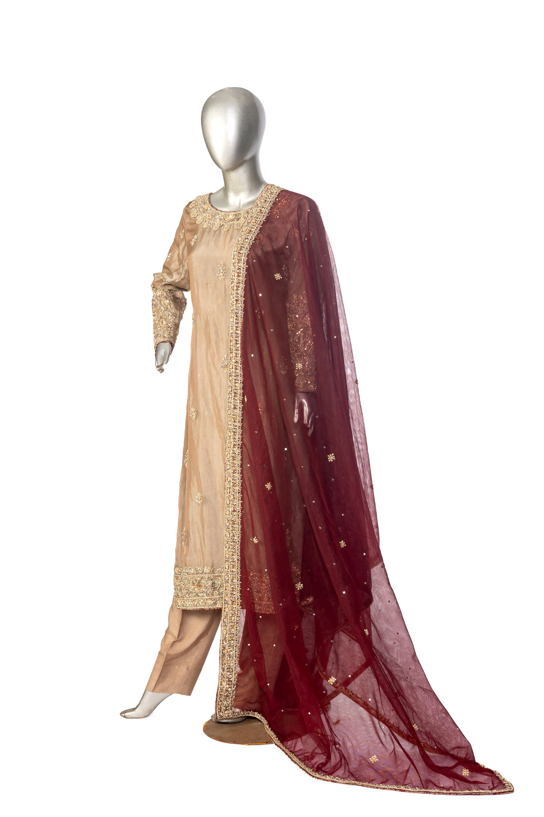 MariamRaj Gold Tissue Wedding Outfit with Maroon Net Dupatta – Shehnaz