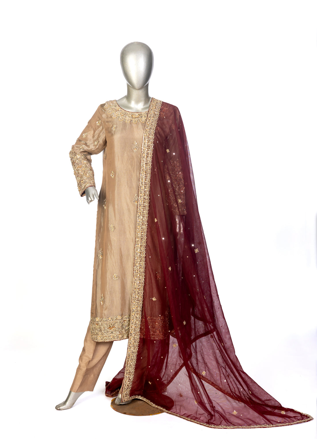 MariamRaj Gold Tissue Wedding Outfit with Maroon Net Dupatta – Shehnaz