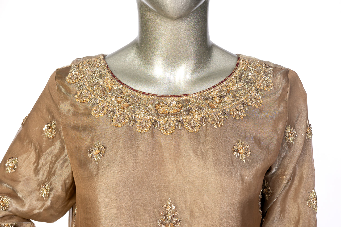 MariamRaj Gold Tissue Wedding Outfit with Maroon Net Dupatta – Shehnaz