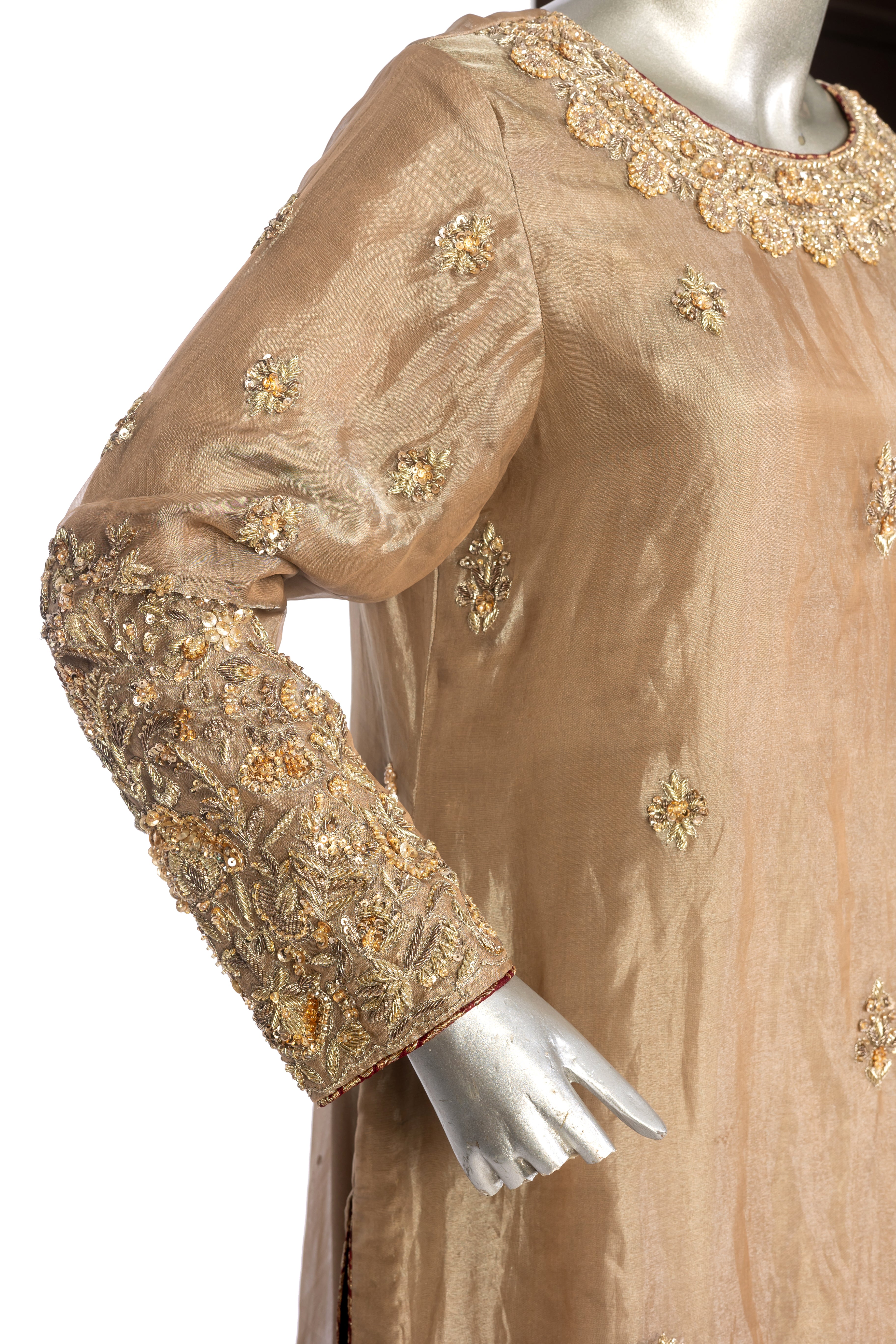 MariamRaj Gold Tissue Wedding Outfit with Maroon Net Dupatta – Shehnaz