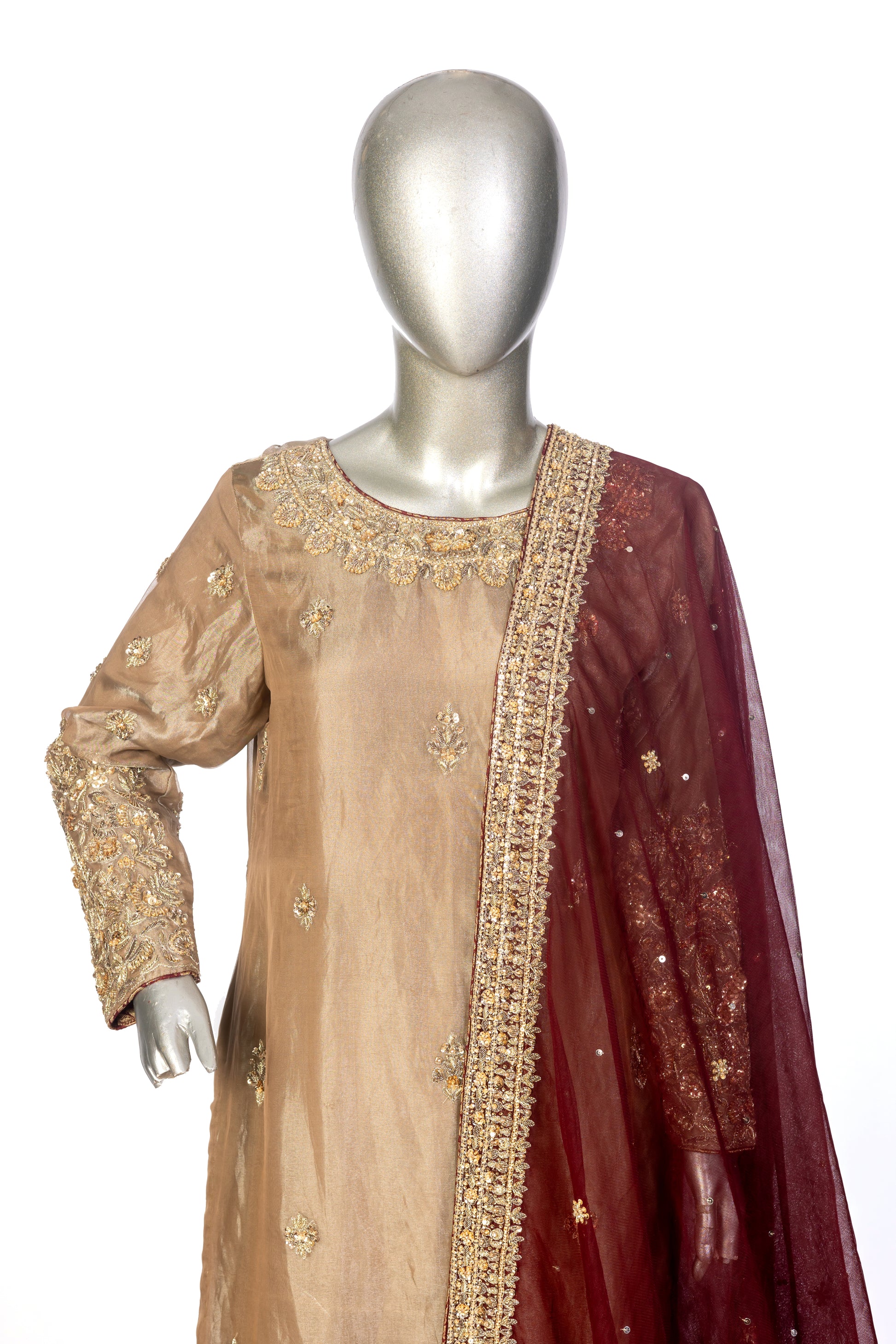 MariamRaj Gold Tissue Wedding Outfit with Maroon Net Dupatta – Shehnaz