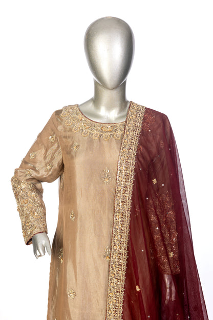 MariamRaj Gold Tissue Wedding Outfit with Maroon Net Dupatta – Shehnaz