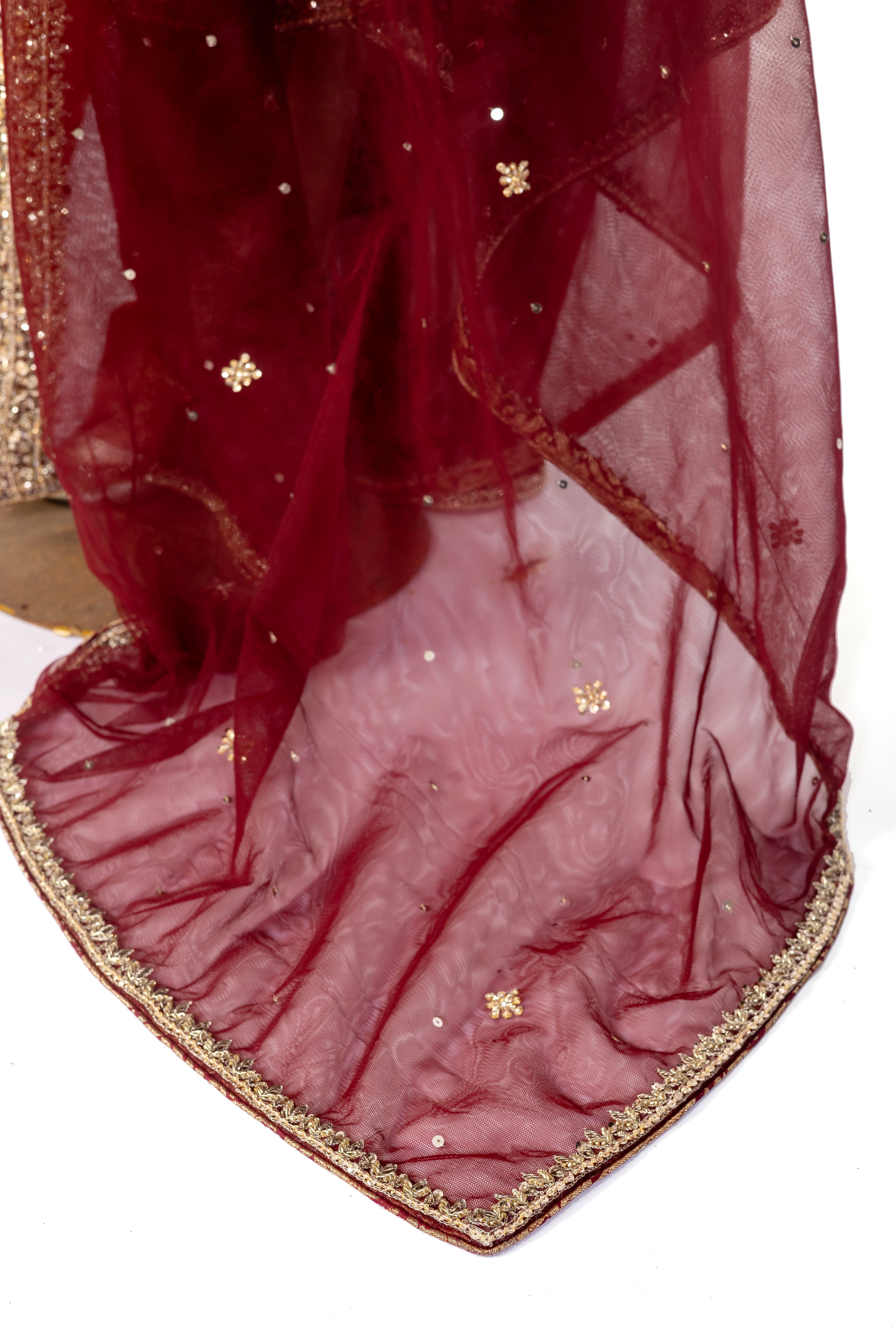 MariamRaj Gold Tissue Wedding Outfit with Maroon Net Dupatta – Shehnaz