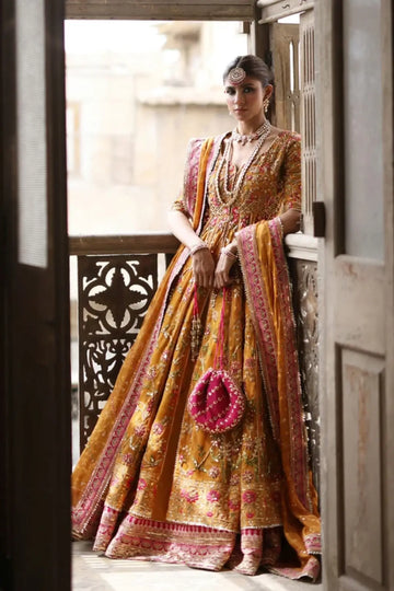 Shehrbano Saffron Pink Cotton Net Mayun Pishwas with Cotton Silk Lehenga and Silk Net Dupatta