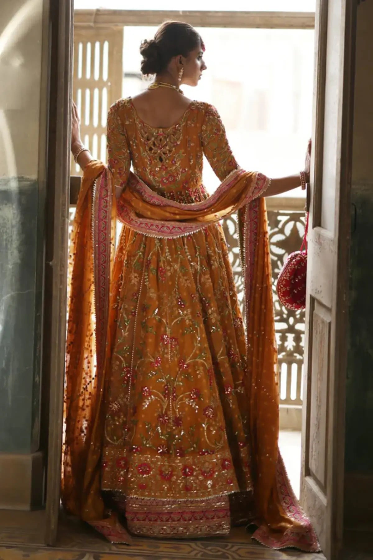 Shehrbano Saffron Pink Cotton Net Mayun Pishwas with Cotton Silk Lehenga and Silk Net Dupatta