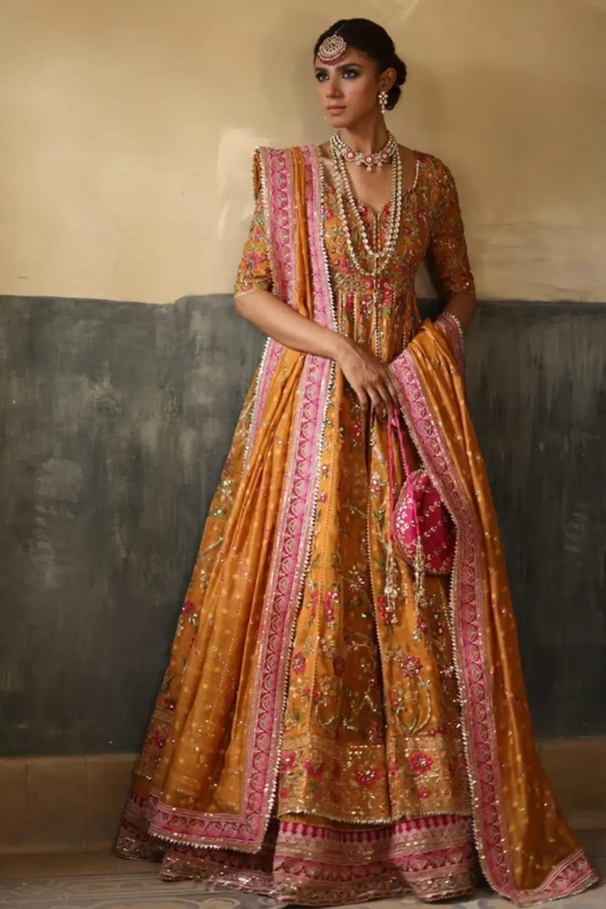 Shehrbano Saffron Pink Cotton Net Mayun Pishwas with Cotton Silk Lehenga and Silk Net Dupatta